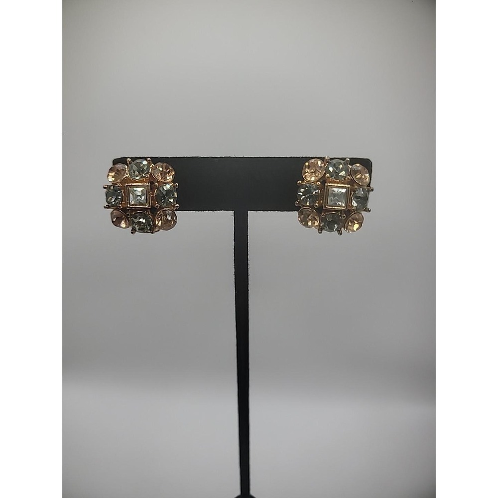 Vintage Geometric Square Gray‎ Peach White Crystal Clip On Huggie Stud Earrings